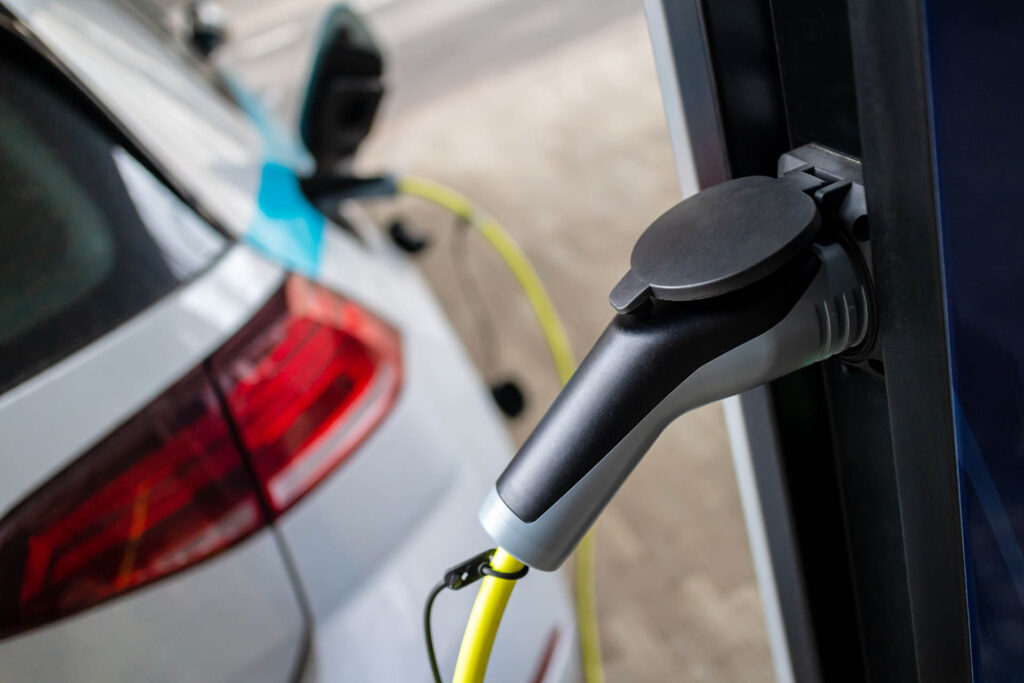 Electric,Car,On,Charching,Station,Plugged